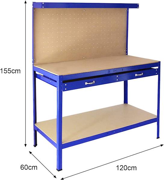 STÓŁ WARSZTATOWY Z BLATEM ROBOCZYM, TABLICĄ NA NARZĘDZIA I SZUFLADĄ 1200X600X12MM KD640
