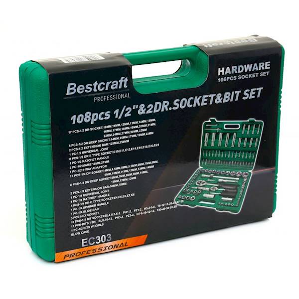 ZESTAW NARZĘDZIOWY 1/2'',1/4" KLUCZY NASADOWYCH, BITY, TORX 108 CZĘŚCI. Bestcraft EC303