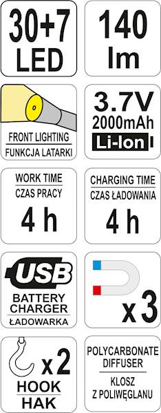 LAMPA LATARKA WARSZTATOWA 30+7 LED YT-08507 YATO