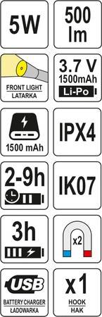 LATARKA AKUMULATOROWA 3.7V 1500MAH KIESZONKOWA 500LM SLIM Z POWERBANKIEM YT-08556 YATO