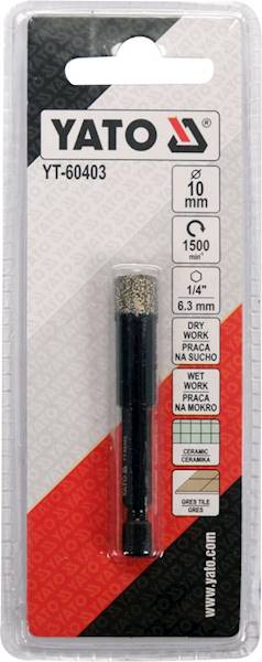 WIERTŁO DIAMENTOWE DO GRESU 10MM HEX DO PRACY NA SUCHO I MOKRO YT-60403 YATO