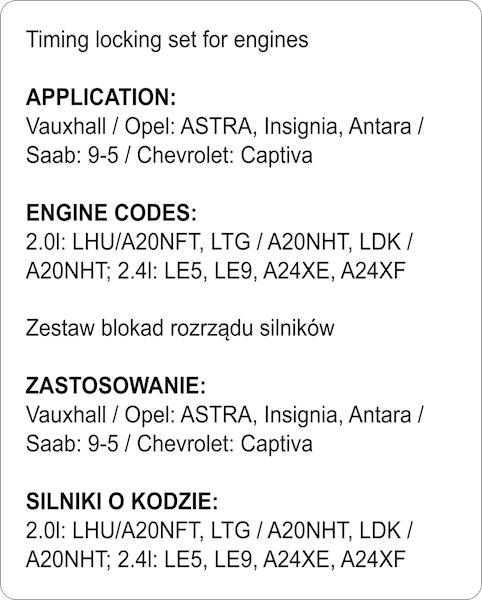 ZESTAW BLOKAD ROZRZĄDU OPEL, SAAB, CHEVROLET 2.0 2.4 BENZYNA YT-06027 YATO