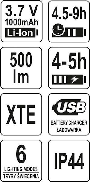 CZOŁÓWKA LATARKA CZOŁOWA CREE XTE + SMD 500LM AKUMUKATOROWA 6 TRYBY ŚWIECENIA IP44 YT-08596 YATO