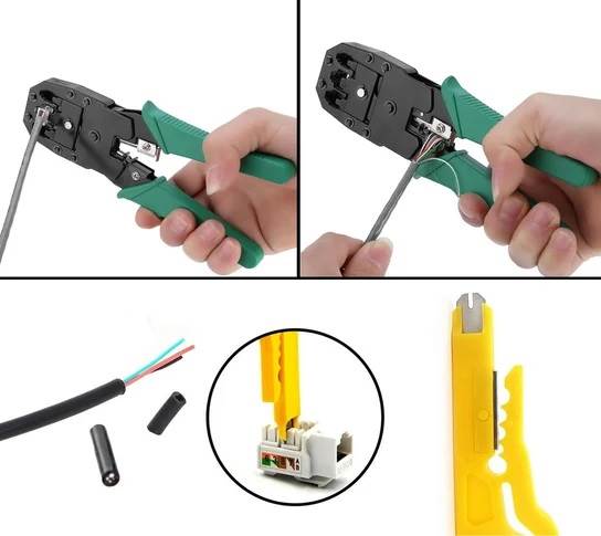 TESTER SIECIOWY, KABLI, ZACISKARKA, ŚCIĄGACZ IZOLACJI + 100 WTYKÓW RJ45 KD10882 Kraft&Dele