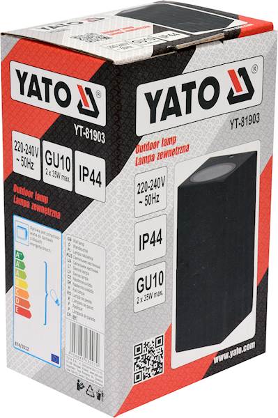 LAMPA ŚCIENNA ZEWNĘTRZNA CZARNA ALUM. 2XGU10 YT-81903 YATO