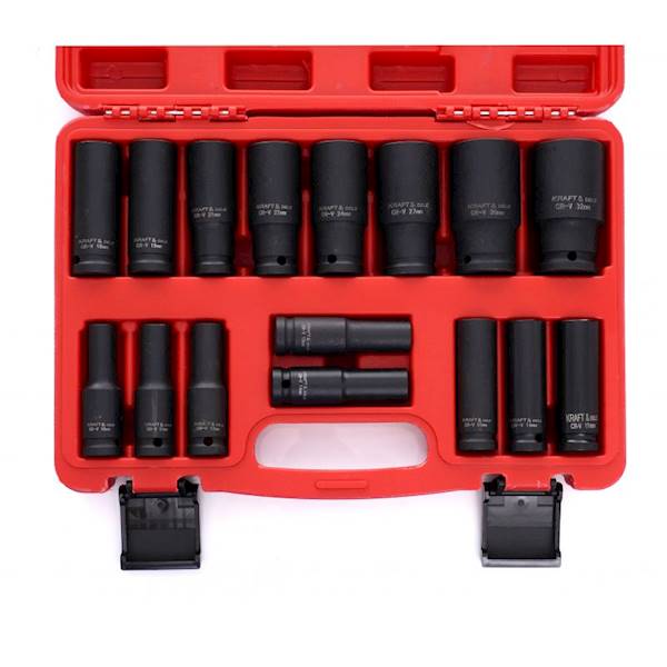 NASADKI UDAROWE KLUCZE NASADOWE DŁUGIE 1/2" ZESTAW 10-32mm 16szt. KD10531 KRAFT&DELE