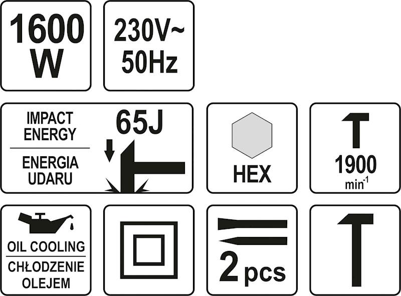 MŁOT WYBURZENIOWY KUJĄCY CHŁODZONY OLEJEM 65J 1600W YT-82001 YATO
