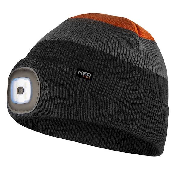 CZAPKA Z LAMPKĄ LATARKĄ LED ŁADOWANĄ USB CZARNO-SZARO-POMARAŃCZOWA WARM 81-631 NEO TOOLS