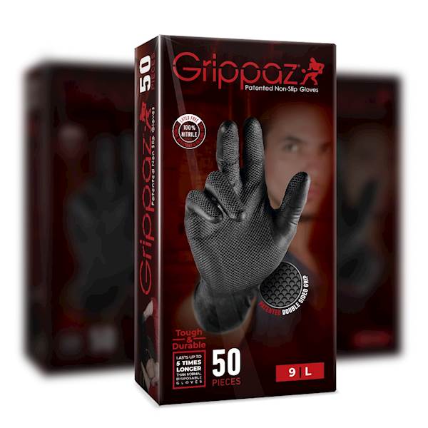 RĘKAWICZKI NITRYLOWE WARSZTATOWE DLA MECHANIKA MOCNE ANTYPOŚLIZGOWE ROZ. 9/L  50SZT. CZARNE GRIPPAZ