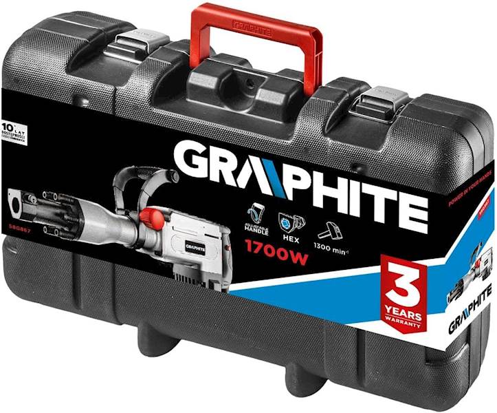 MŁOT WYBURZENIOWY SIECIOWY O MOCY 1700 W I ENERGIĄ UDARU 45 J HEX 30mm + WALIZKA GRAPHITE 58G867