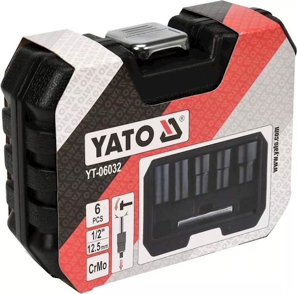 ZESTAW NASADEK, WYKRĘTAKÓW DO WYKRĘCANIA USZKODZONYCH ŚRUB, NAKRĘTEK ZABEZPIECZAJĄCYCH 6SZT. 1/2" YT-06032 YATO