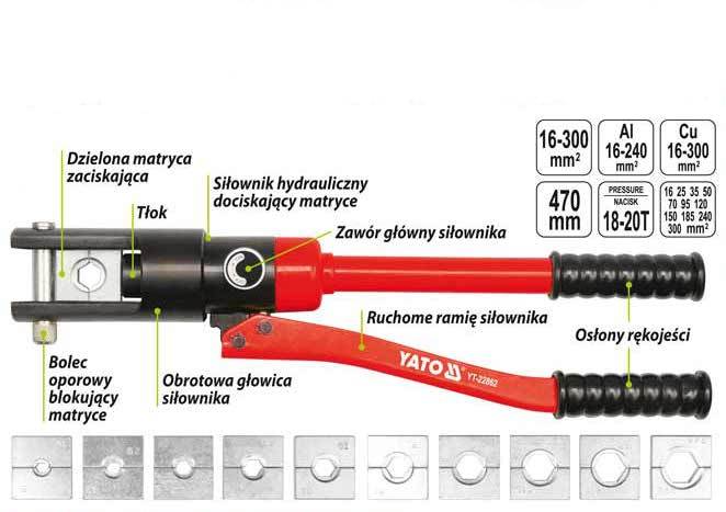PRASKA HYDRAULICZNA, RĘCZNA DO ZACISKANIA KOŃCÓWEK 16-300MM²  YT-22862 YATO