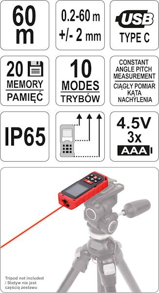 DALMIERZ LASEROWY 0,2-60,0M IP65 FUNKCJA POMIARU CIĄGŁEGO,OBLICZANIA YT-73127 YATO