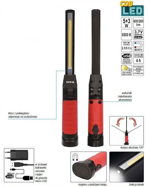 LAMPA WARSZTATOWA COB LED 5W, 3-TRYBY YT-08518 YATO