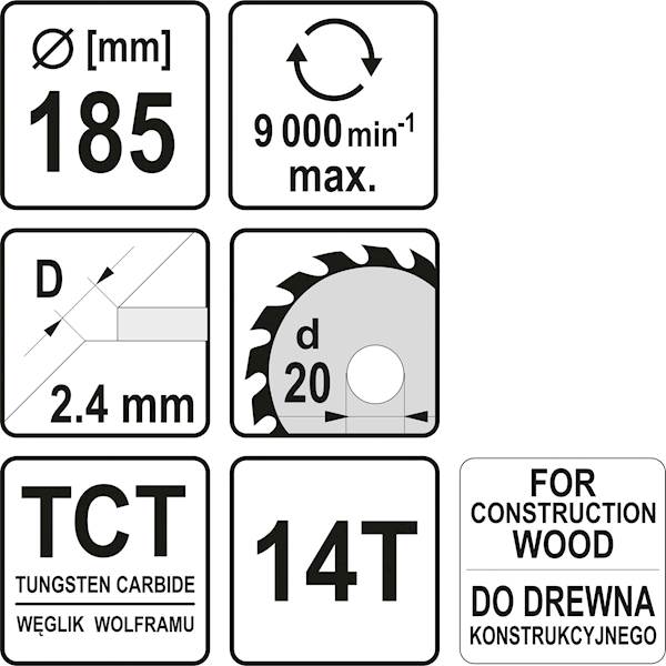 TARCZA WIDIOWA DO CIĘCIA DREWNA Z GWOŹDZIAMI 185/14T 20MM YT-60628 YATO