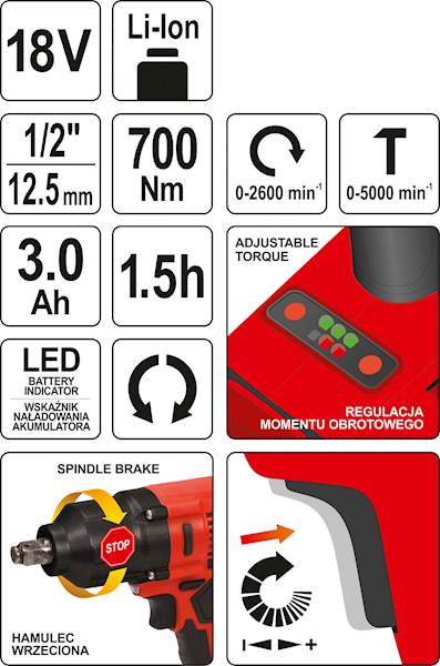 KLUCZ UDAROWY BEZSZCZOTKOWY AKUMULATOROWY 18V 1/2" 700NM YT-82806 YATO