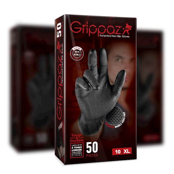 RĘKAWICZKI NITRYLOWE WARSZTATOWE DLA MECHANIKA MOCNE ANTYPOŚLIZGOWE ROZ. 10/XL 50SZT. CZARNE GRIPPAZ