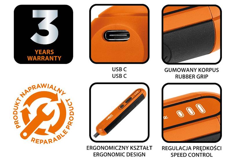 WKRĘTAK, ŚRUBOKRĘT AKUMULATOROWY 4V, Li-Ion, USB-C HEX 1/4″ 04-199 NEO