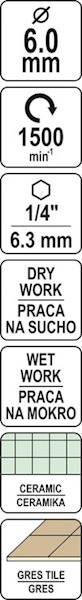 WIERTŁO DIAMENTOWE DO GRESU 6MM HEX DO PRACY NA SUCHO I MOKRO YT-60401 YATO