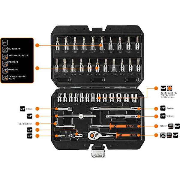 ZESTAW KLUCZY NASADOWYCH 1/4'' CRV 46 szt. 10-004 NEO
