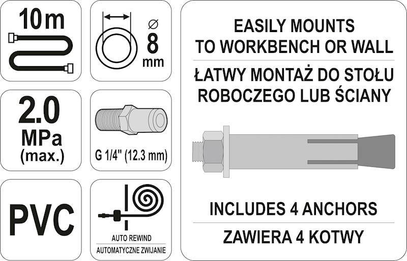 PRZEWÓD PNEUMATYCZNY PVC NA ZWIJAKU 10M AUTOMATYCZNYM YT-24242 YATO