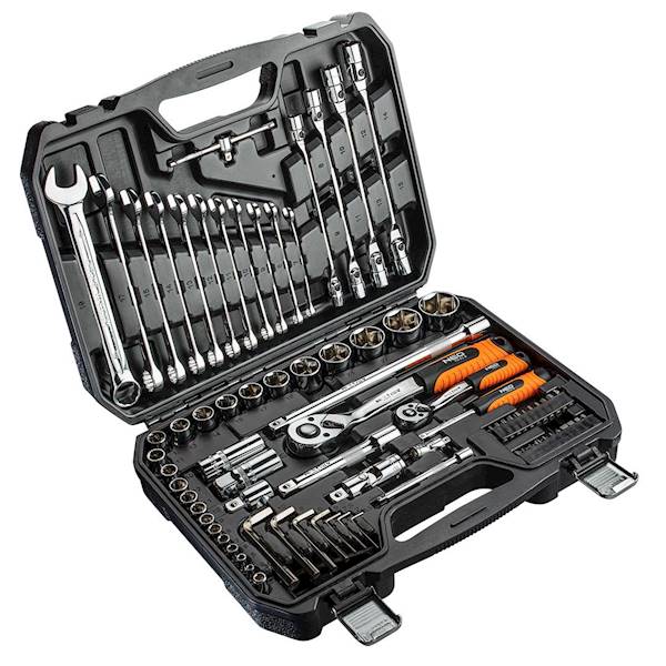 ZESTAW KLUCZY NASADOWYCH, PŁASKO OCZKOWYCH 1/4", 1/2",  CRV 77szt. NARZĘDZI 08-915 NEO