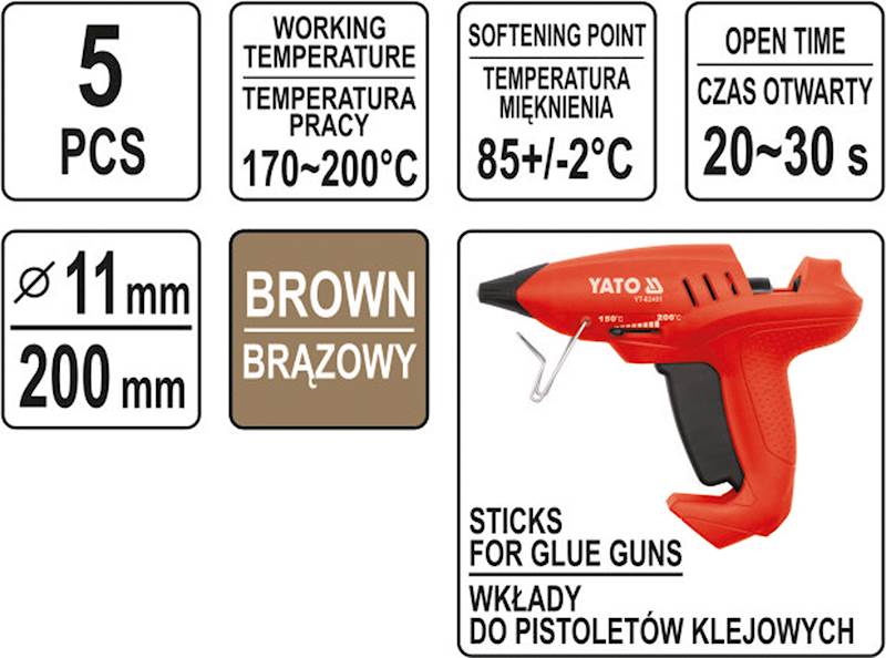 KLEJ DO PISTOLETU NA GORĄCO 5szt. 11x200mm BRĄZ  YT-82439 YATO