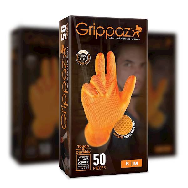 RĘKAWICZKI NITRYLOWE WARSZTATOWE DLA MECHANIKA MOCNE ANTYPOŚLIZGOWE ROZ. 8/M 50SZT. POMARAŃCZOWE GRIPPAZ