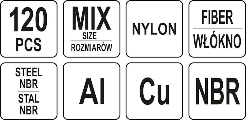 PODKŁADKI DO KORKÓW SPUSTOWYCH OLEJU ZESTAW AL, Cu, NBR, NYLON, WŁÓKNO, STAL NBR.120 SZT. YT-068641 YATO