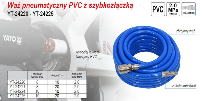 WĄŻ PNEUMATYCZNY ZBROJONY PVC Z SZYBKOZŁ. 10mm x20m  YT-24225 YATO