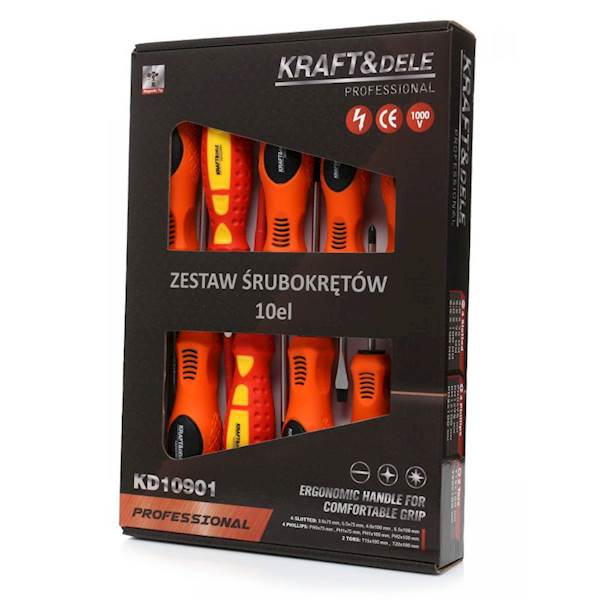 ZESTAW ŚRUBOKRĘTÓW, WKRĘTAKÓW, WKRĘTAK, ŚRUBOKRĘT IZOLOWANE DO 1000V 10 EL. KD10901 Kraft&Dele