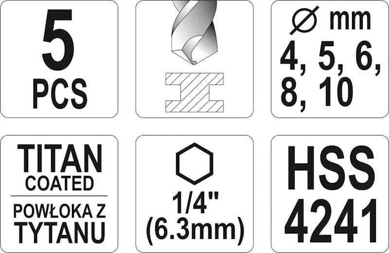 KOMPLET WIERTEŁ DO METALU TYTAN 4-10MM, 5SZT. UCHWYT HEX 1/4" YT-44700 YATO