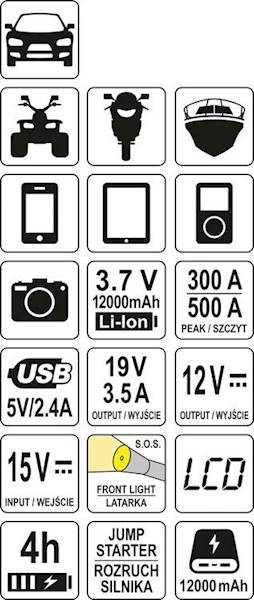 URZĄDZENIE ROZRUCHOWE POWER BANK LATARKA LED 3W1 500A 12000mAh YT-83082 YATO