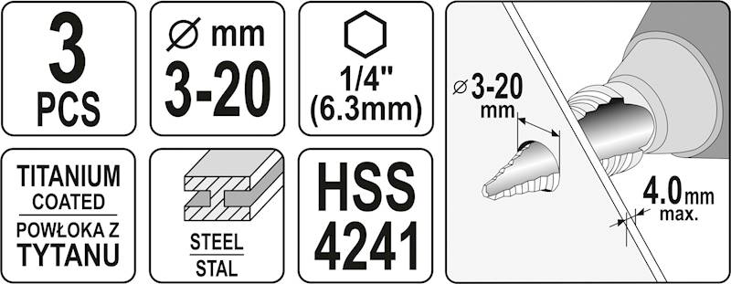 ZESTAW WIERTEŁ STOPNIOWYCH DO METALU 3-20MM YT-44731 YATO