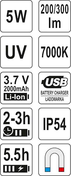 LATARKA WIELOFUNKCYJNA 5W COB 300LM + UV YT-08580 YATO