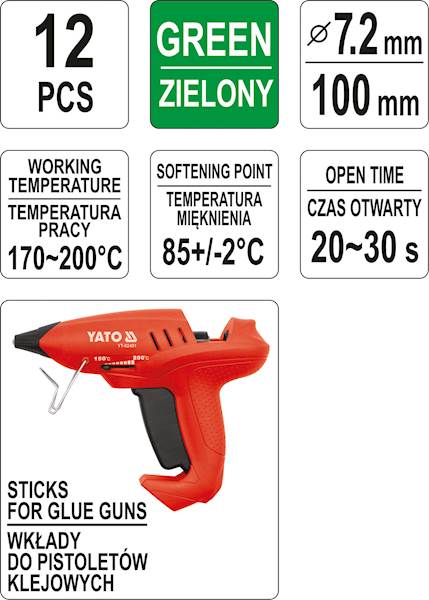 KLEJ DO PISTOLETU NA GORĄCO 12szt. 7,2x100MM ZIELONY YT-82444 YATO