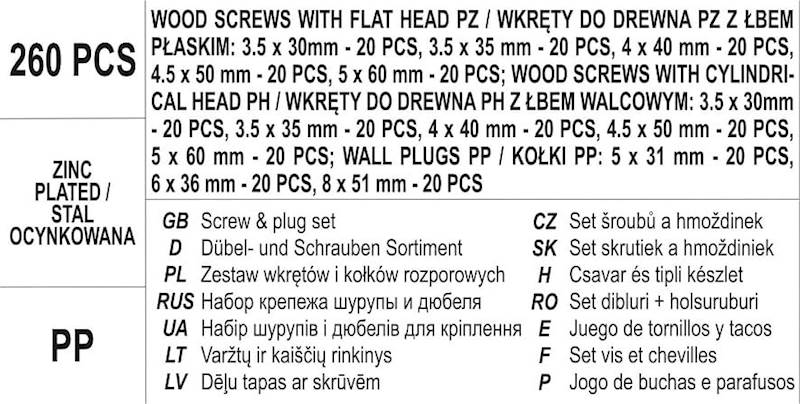 ZESTAW WKRĘTÓW I KOŁKÓW ROZPOROWYCH 260 SZT. 24110 VOREL
