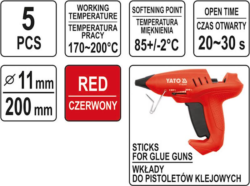 KLEJ DO PISTOLETU NA GORĄCO 5szt. 11x200mm CZERWONY YT-82434 YATO