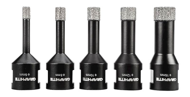 OTWORNICE DIAMENTOWE DO CERAMIKI, GRESU, BETON, KLINKIERU I KAMIENIA (6, 8, 10, 12, 16 MM), ZESTAW 5 EL. 55H319 GRAPHITE