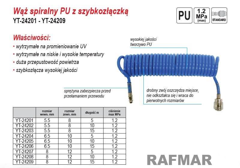 WĄŻ PNEUMATYCZNY PU SPIRALNY Z SZYBKOZŁ. 5.5x8x5m YT-24201 YATO
