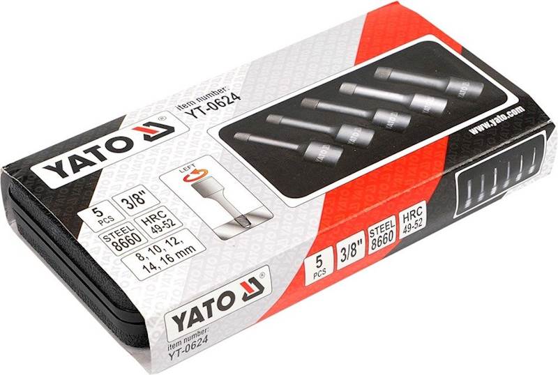 ZESTAW WYKRĘTAKÓW DO USZKODZONYCH BOLCÓW, SZPILEK, ŚRUB WEWNĘTRZNYCH HEX, TORX, SPLINE 1/2” 5cz. YT-0624 YATO