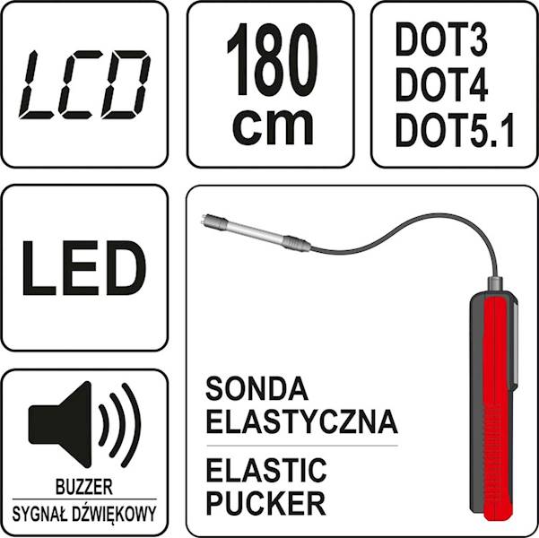 MIERNIK TESTER PŁYNU HAMULCOWEGO LCD Z SONDĄ DOT3, DOT4, DOT5.1. YT-72985 YATO