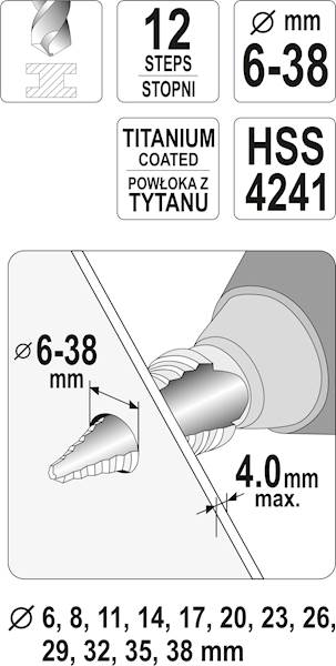 WIERTŁO STOPNIOWE 6-38MM HSS 4241 YT-44740 YATO