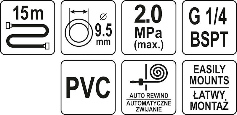 WĄŻ PRZEWÓD PNEUMATYCZNY PVC NA ZWIJAKU AUTOMATYCZNY 9,5mm x 15m YT-24250 YATO