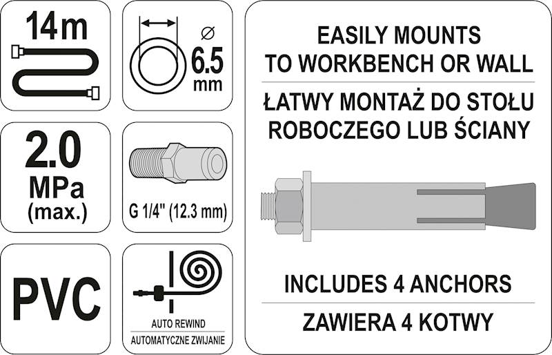 PRZEWÓD PNEUMATYCZNY PVC NA ZWIJAKU 14M AUTOMATYCZNYM YT-24243 YATO