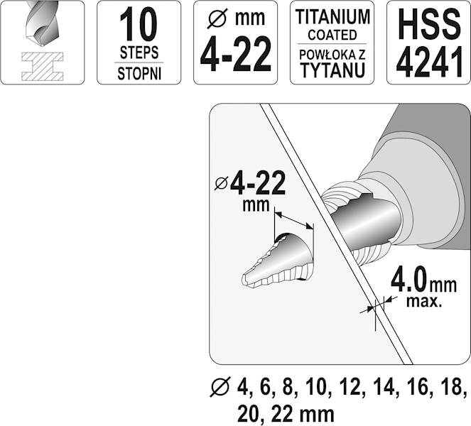 WIERTŁO STOPNIOWE 4-22MM HSS 4241 YT-44741 YATO