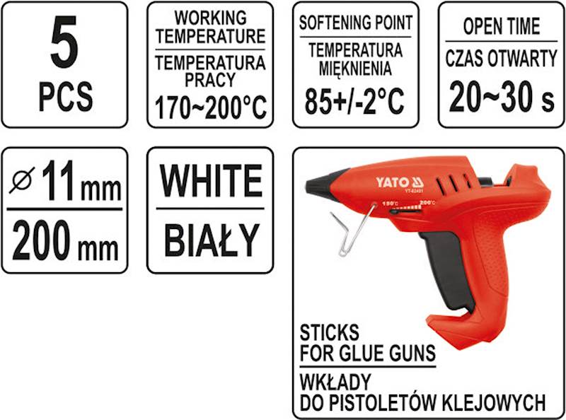 KLEJ DO PISTOLETU NA GORĄCO 5szt. 11x200mm BIAŁY YT-82438 YATO