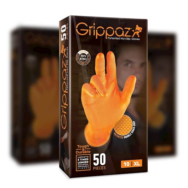 RĘKAWICZKI NITRYLOWE WARSZTATOWE DLA MECHANIKA MOCNE ANTYPOŚLIZGOWE ROZ. 10/XL 50SZT. POMARAŃCZOWE GRIPPAZ