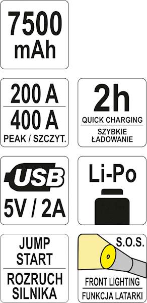 URZĄDZENIE ROZRUCHOWE POWER BANK LATARKA LED 3W1 7500mAh YT-83080 YATO