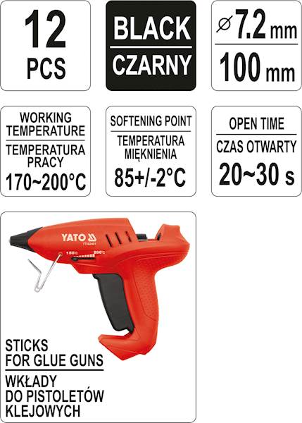 KLEJ DO PISTOLETU NA GORĄCO 12szt. 7,2x100MM CZARNY YT-82441 YATO